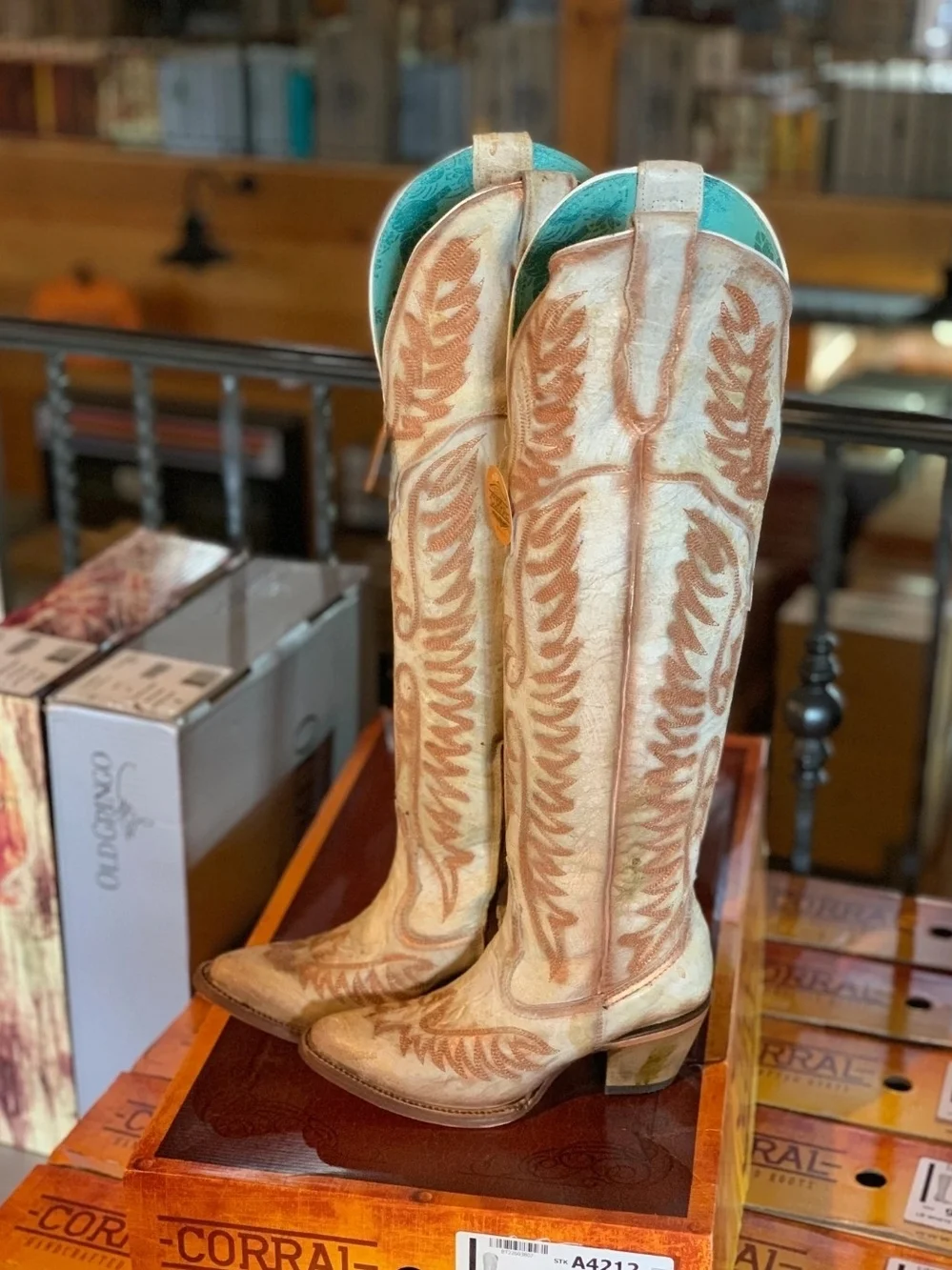 Corral Distressed Cream Copper Cognac Embroidery Tall Top Boots A4212
